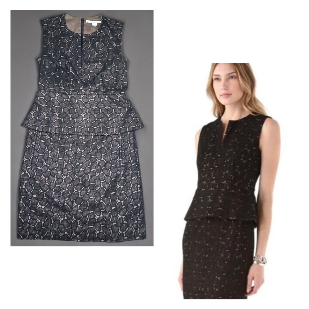Diane‎ von Furstenberg DVF Black/Nude Peplum Pebble Lace Sheath Dress Size 4